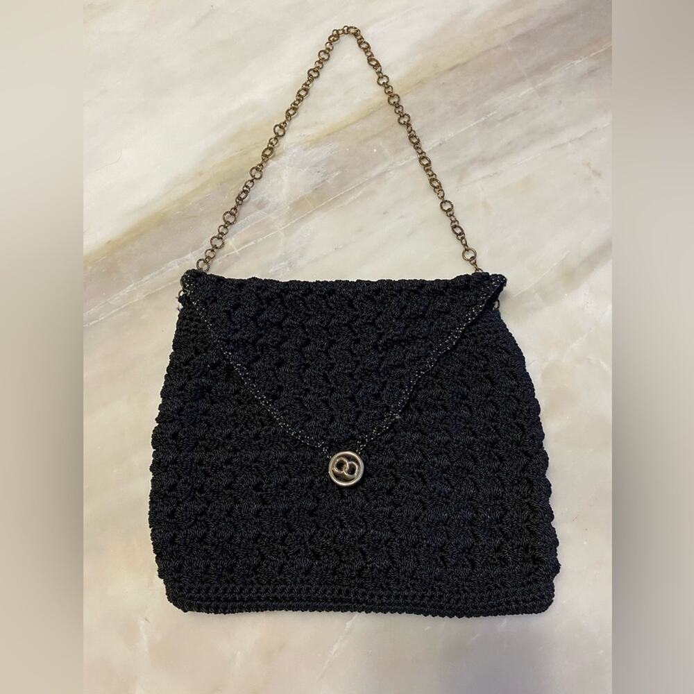 Chic Black Crochet Shoulder Bag with gold Chain Strap vintage